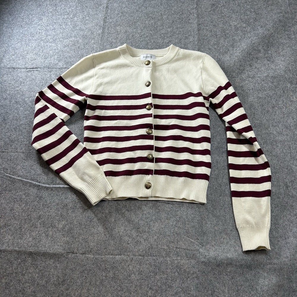 Evereve Sweater Women's XS Striped Cardigan Cream Maroon Metal Buttons Preppy